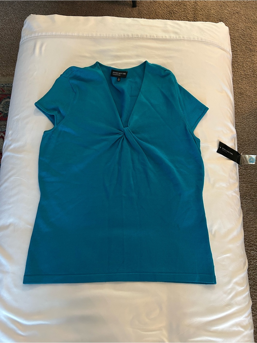 Jones New York Teal Twist-Front V-Neck Short Sleeve Top
